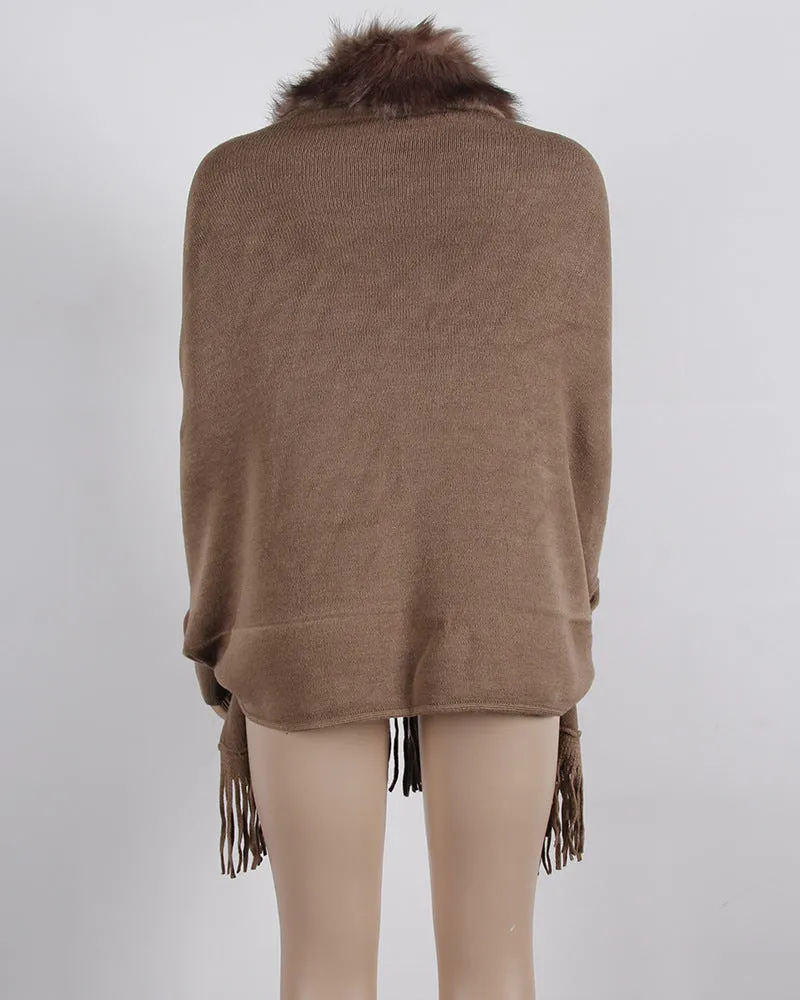 Tassel Fringed Cloak Shawl Fur Collar Sweater Cape Cardigans