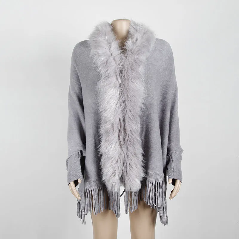Tassel Fringed Cloak Shawl Fur Collar Sweater Cape Cardigans