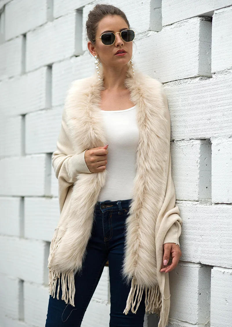 Tassel Fringed Cloak Shawl Fur Collar Sweater Cape Cardigans