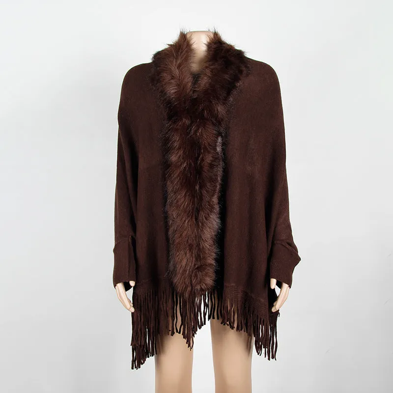 Tassel Fringed Cloak Shawl Fur Collar Sweater Cape Cardigans