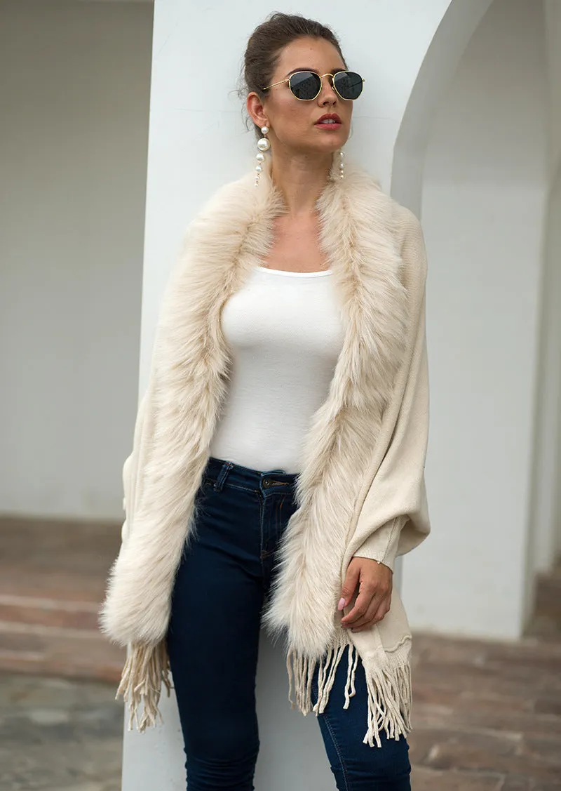 Tassel Fringed Cloak Shawl Fur Collar Sweater Cape Cardigans