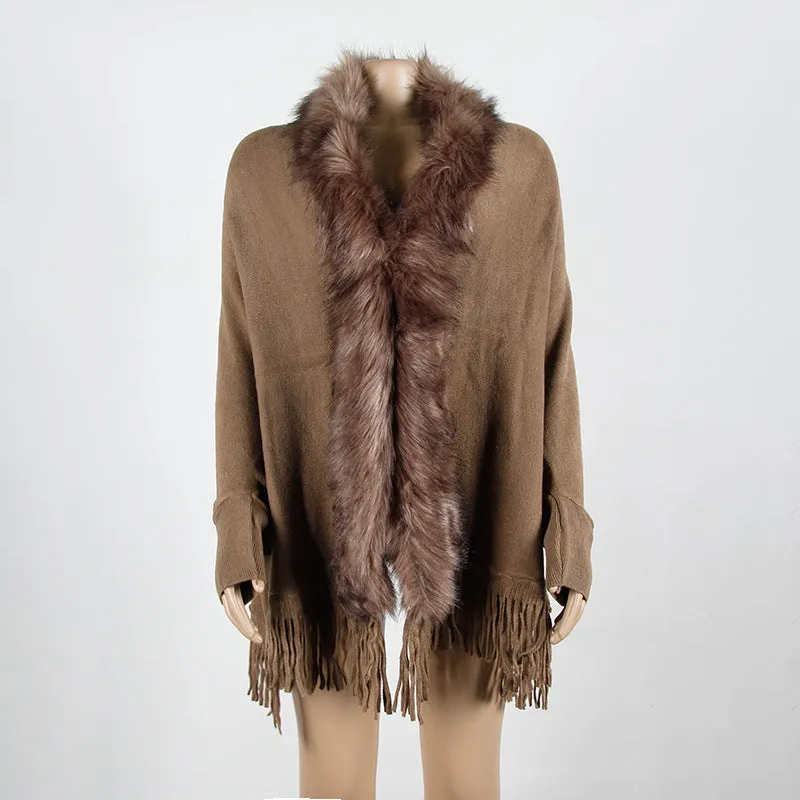 Tassel Fringed Cloak Shawl Fur Collar Sweater Cape Cardigans