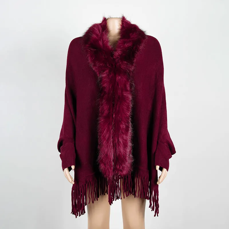 Tassel Fringed Cloak Shawl Fur Collar Sweater Cape Cardigans
