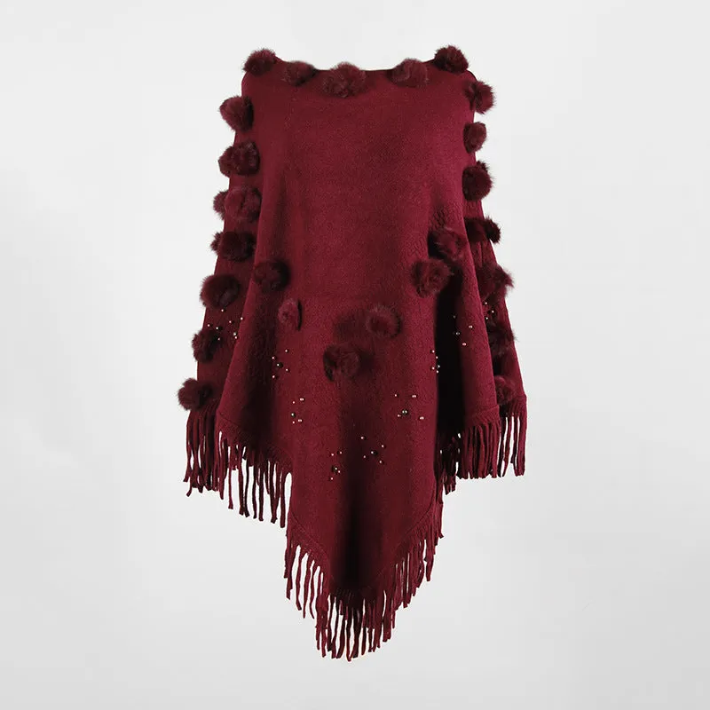 Tassel Fringed Pullover Bead Pompom Collar Sweater Cloak Shawl Cape