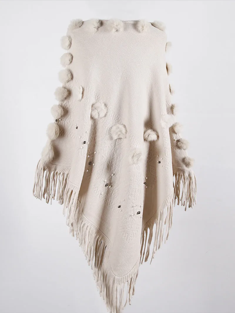 Tassel Fringed Pullover Bead Pompom Collar Sweater Cloak Shawl Cape