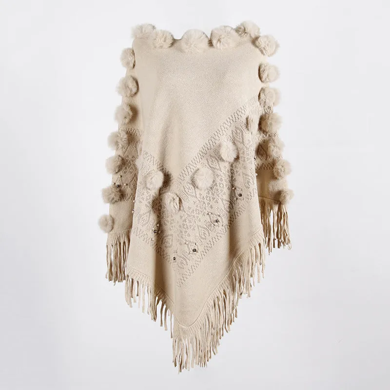 Tassel Fringed Pullover Bead Pompom Collar Sweater Cloak Shawl Cape
