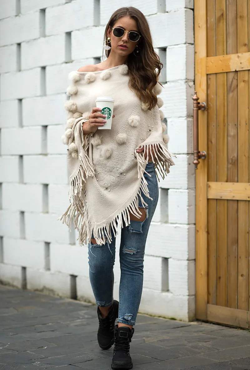 Tassel Fringed Pullover Bead Pompom Collar Sweater Cloak Shawl Cape