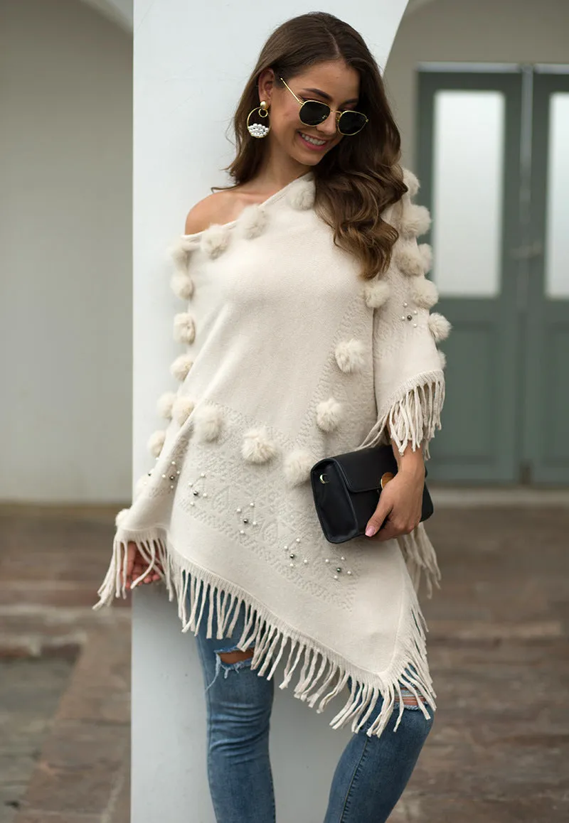 Tassel Fringed Pullover Bead Pompom Collar Sweater Cloak Shawl Cape