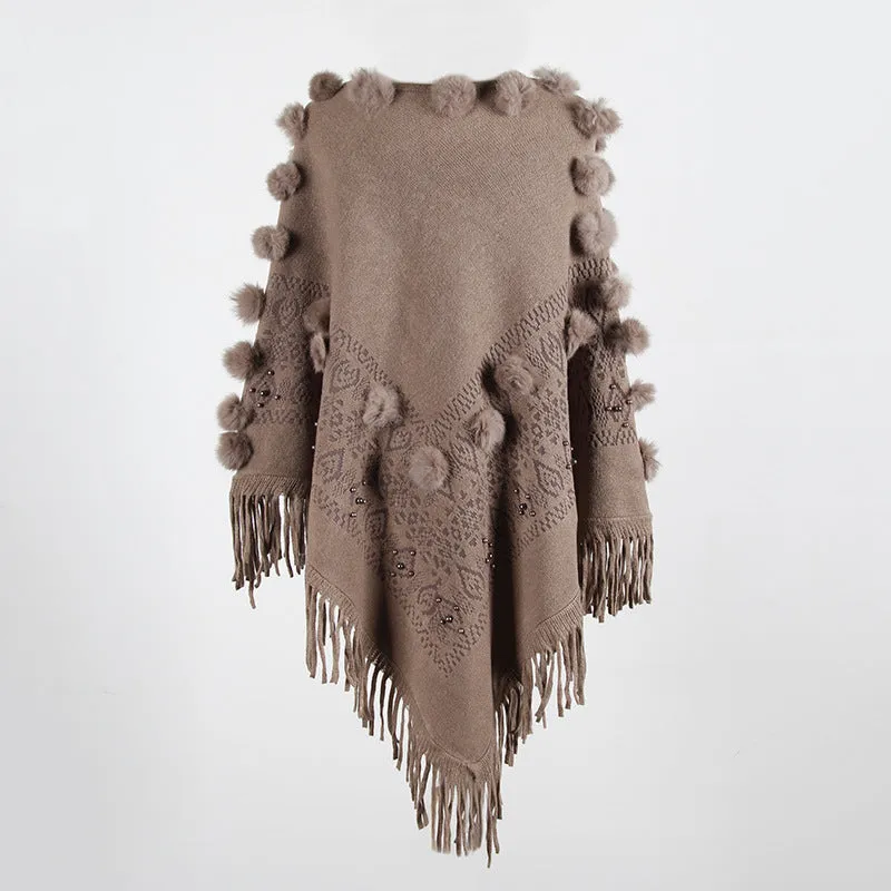 Tassel Fringed Pullover Bead Pompom Collar Sweater Cloak Shawl Cape