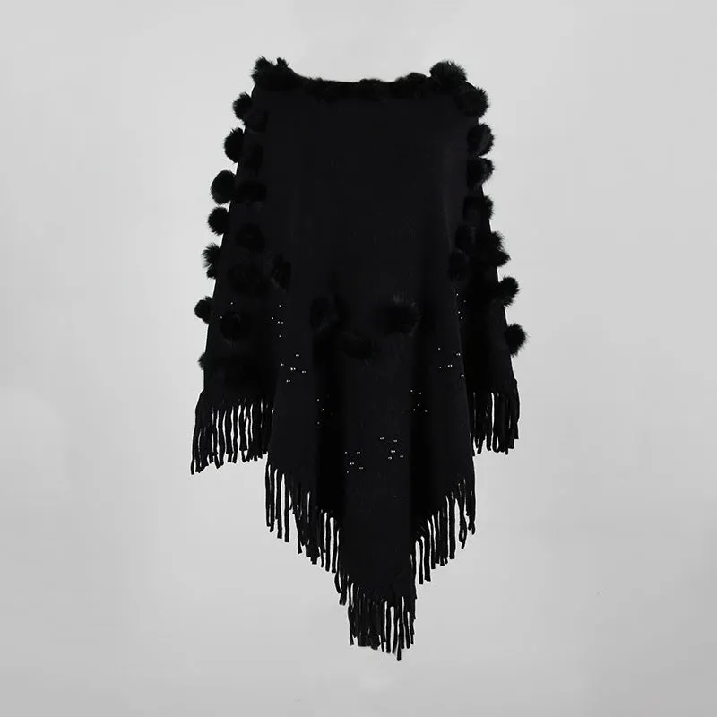Tassel Fringed Pullover Bead Pompom Collar Sweater Cloak Shawl Cape