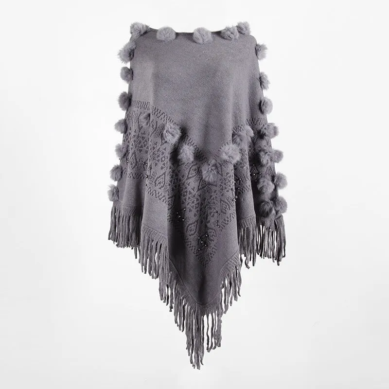 Tassel Fringed Pullover Bead Pompom Collar Sweater Cloak Shawl Cape