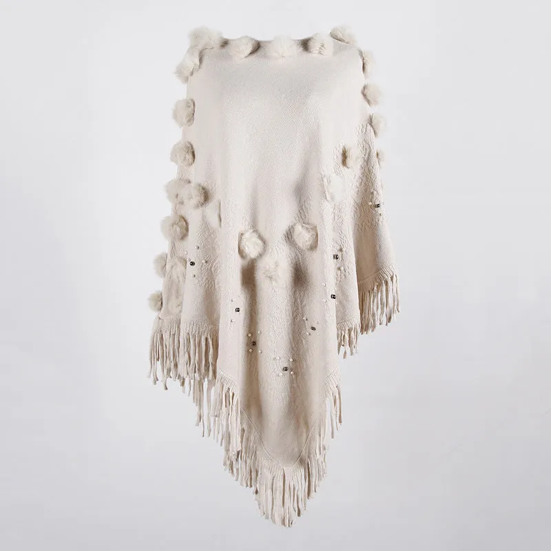 Tassel Fringed Pullover Bead Pompom Collar Sweater Cloak Shawl Cape