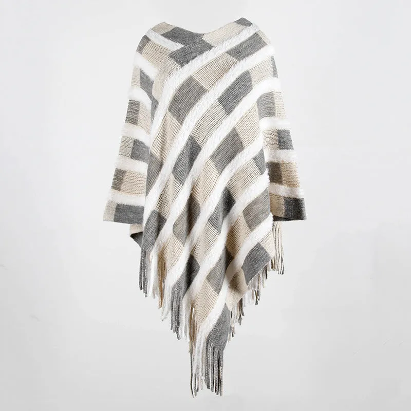 Tassel Fringed Pullover V-neck Collar Plaid Sweater Cloak Shawl Cape