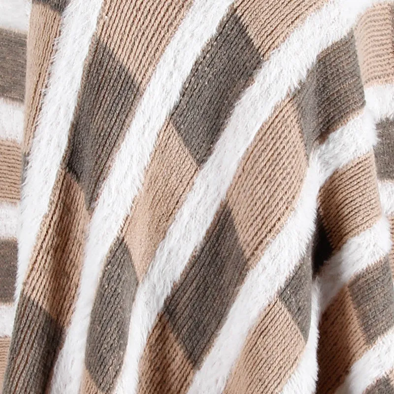 Tassel Fringed Pullover V-neck Collar Plaid Sweater Cloak Shawl Cape