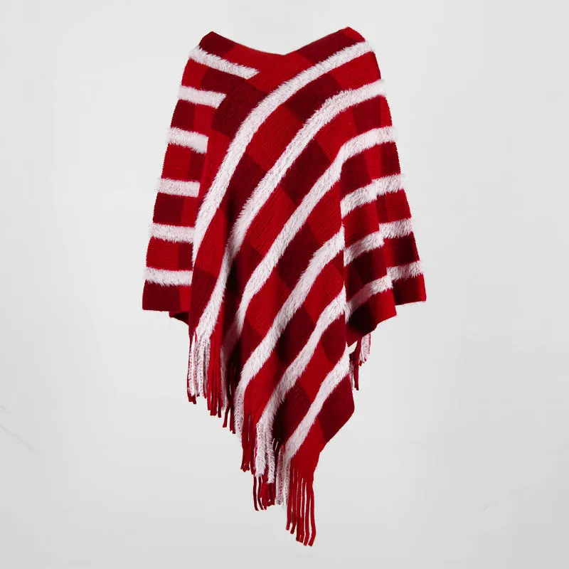 Tassel Fringed Pullover V-neck Collar Plaid Sweater Cloak Shawl Cape