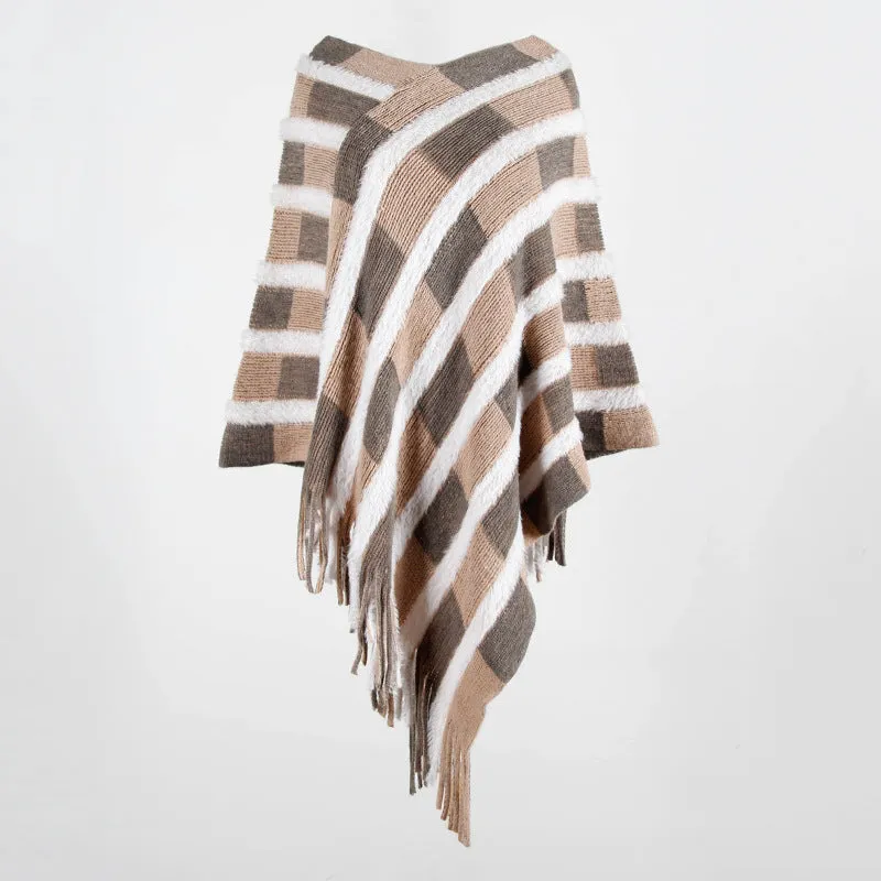 Tassel Fringed Pullover V-neck Collar Plaid Sweater Cloak Shawl Cape