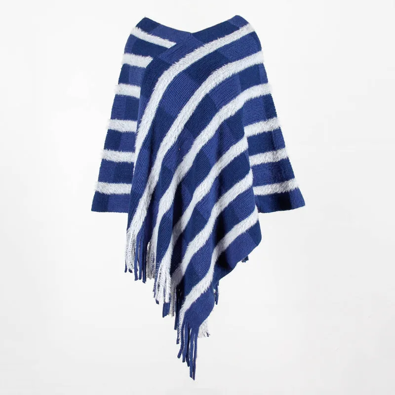 Tassel Fringed Pullover V-neck Collar Plaid Sweater Cloak Shawl Cape