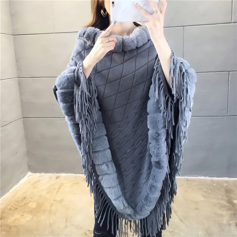 Tassel Hem Fur Collar Pullover Sweater Cloak Shawl Cape