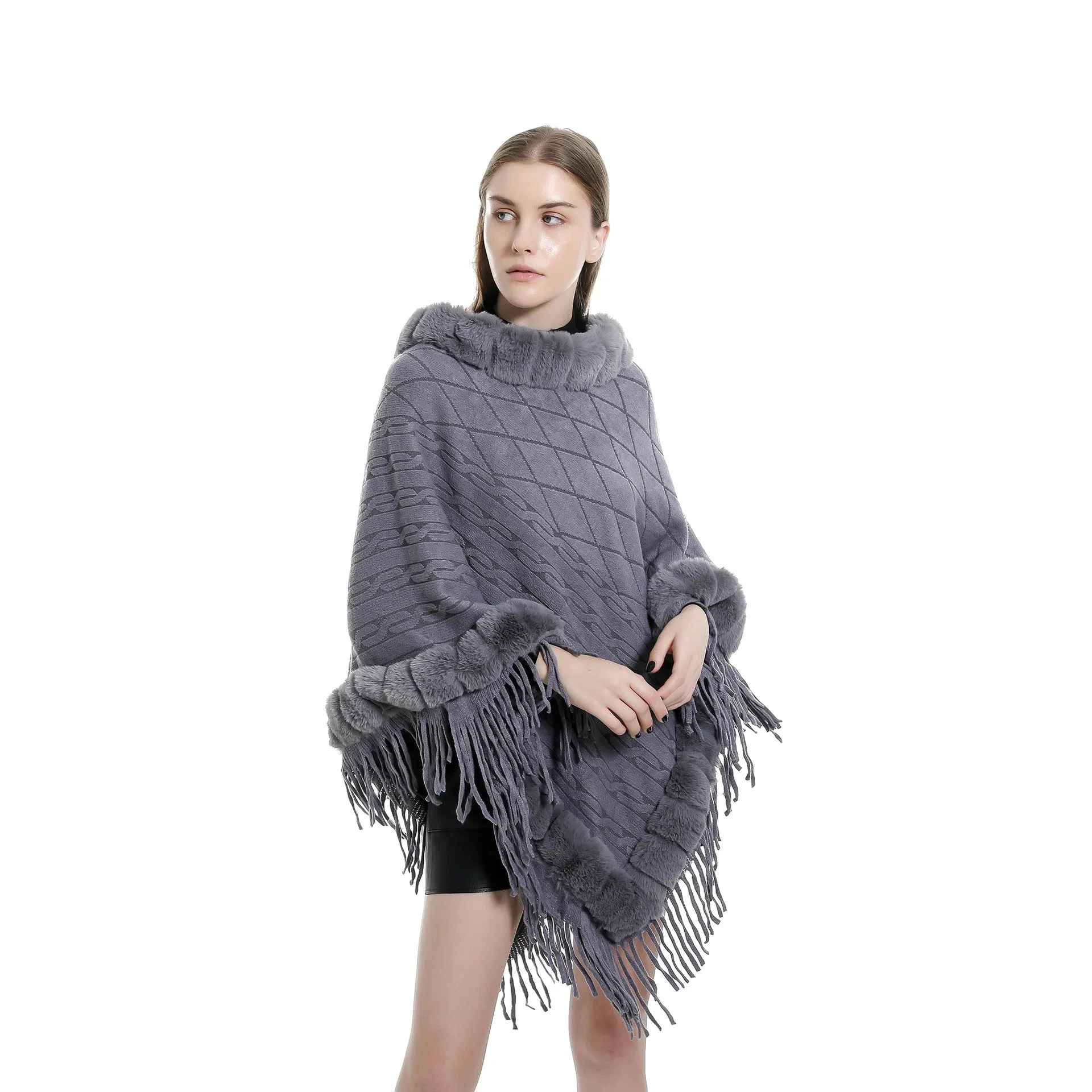 Tassel Hem Fur Collar Pullover Sweater Cloak Shawl Cape