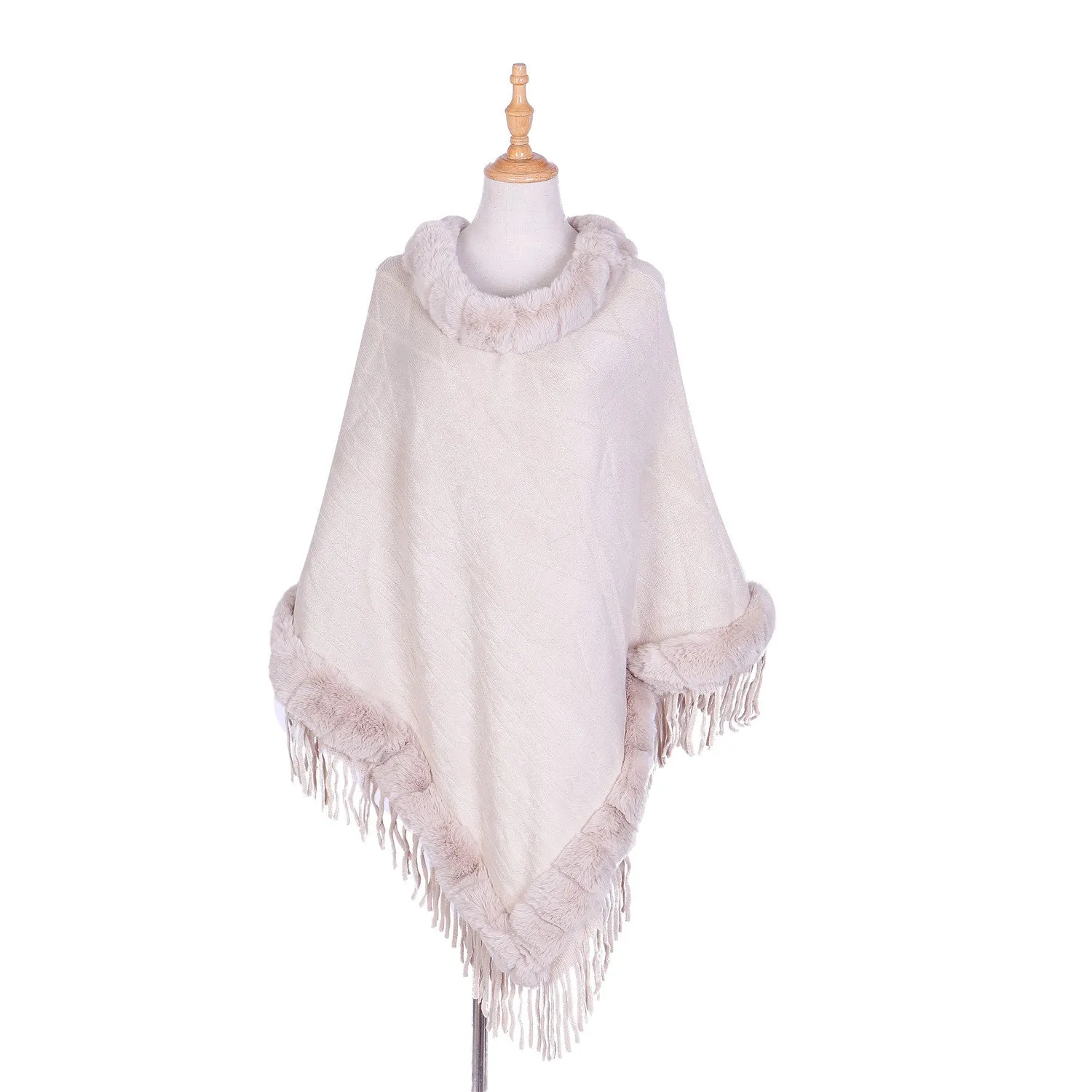 Tassel Hem Fur Collar Pullover Sweater Cloak Shawl Cape