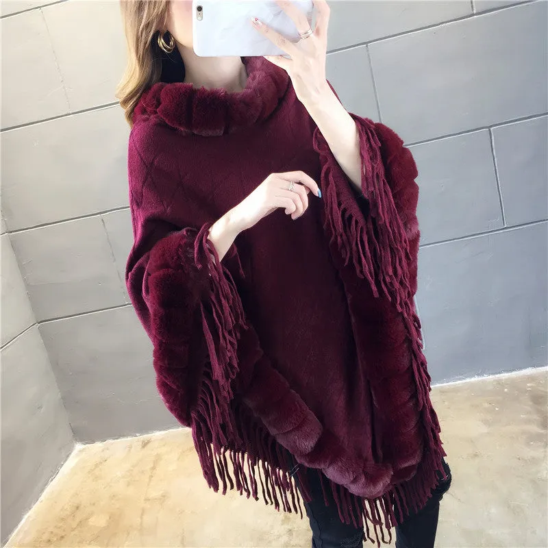 Tassel Hem Fur Collar Pullover Sweater Cloak Shawl Cape