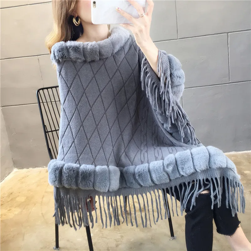 Tassel Hem Fur Collar Pullover Sweater Cloak Shawl Cape