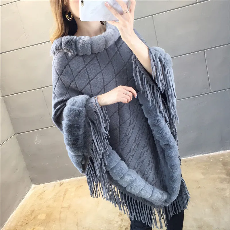 Tassel Hem Fur Collar Pullover Sweater Cloak Shawl Cape