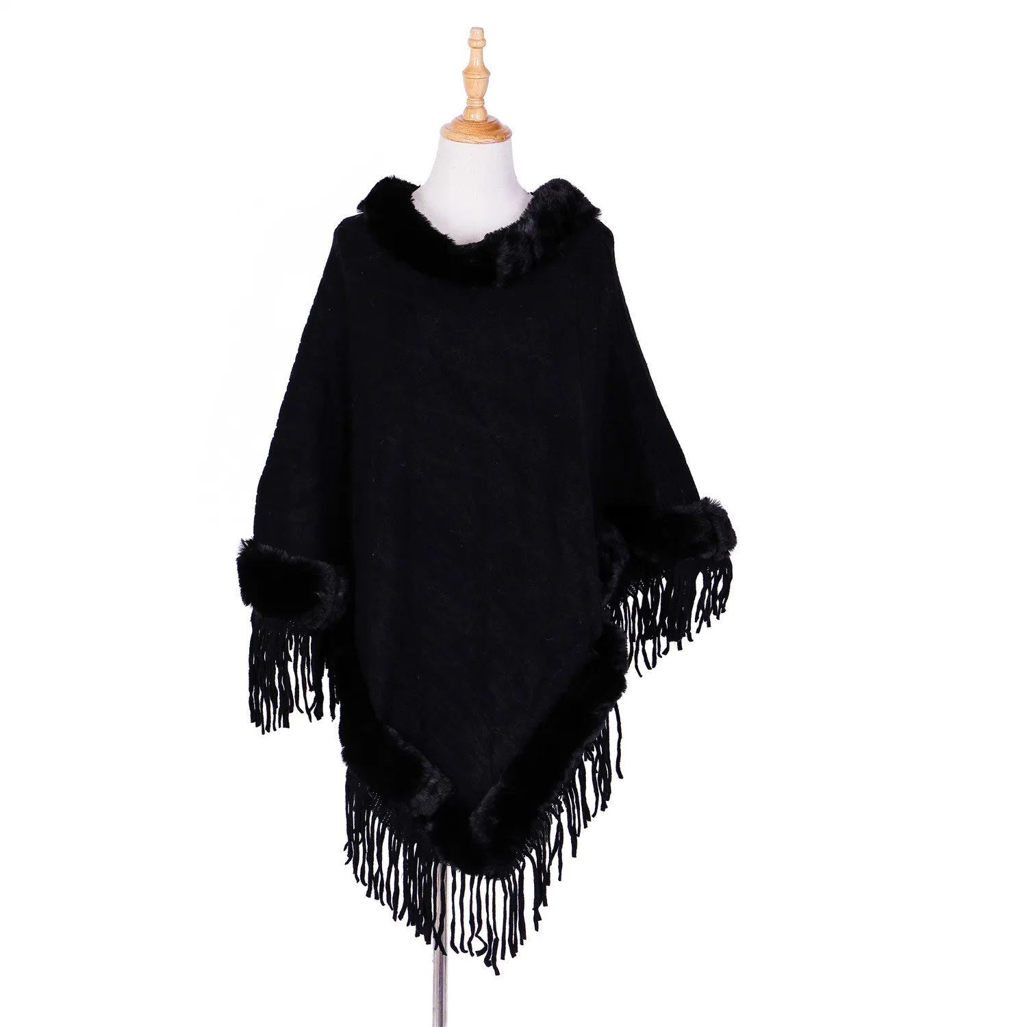 Tassel Hem Fur Collar Pullover Sweater Cloak Shawl Cape