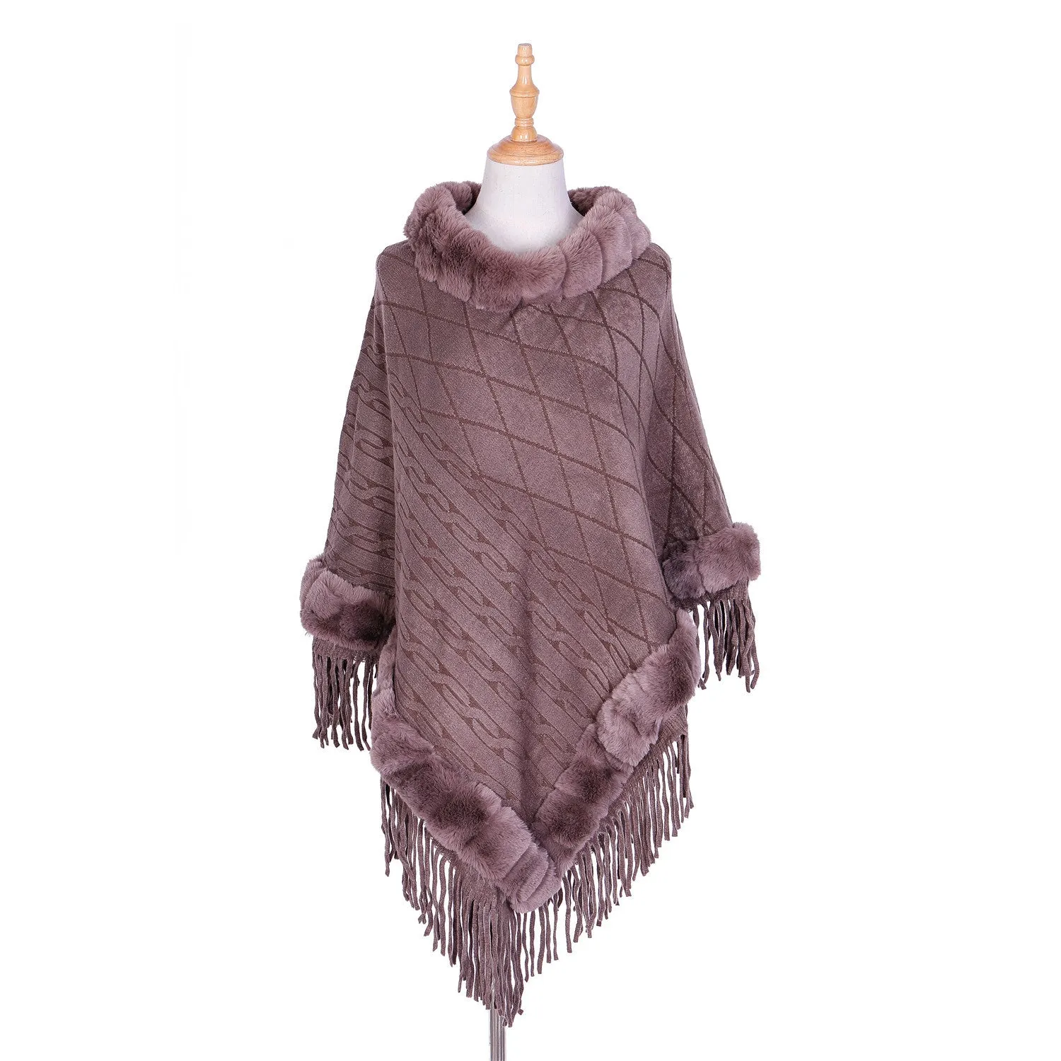 Tassel Hem Fur Collar Pullover Sweater Cloak Shawl Cape