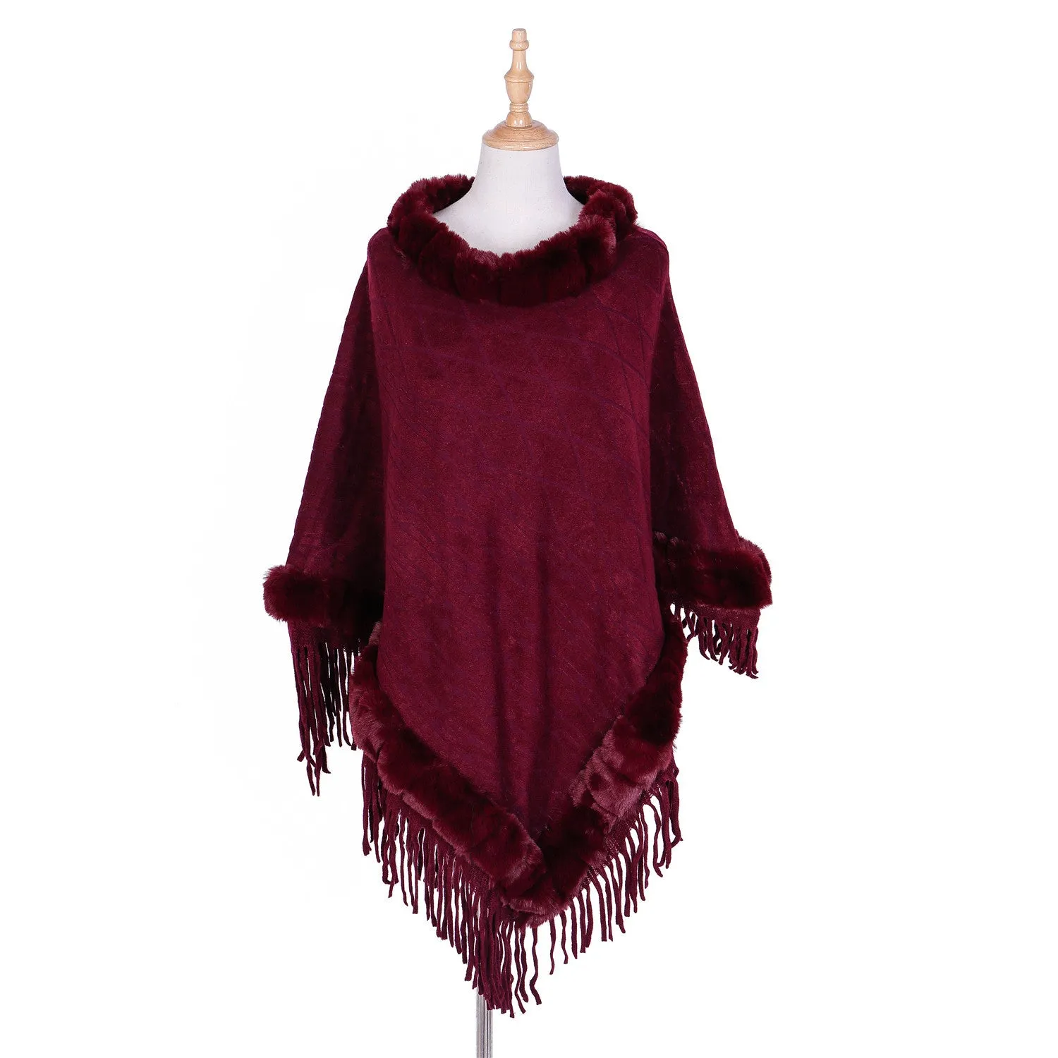Tassel Hem Fur Collar Pullover Sweater Cloak Shawl Cape