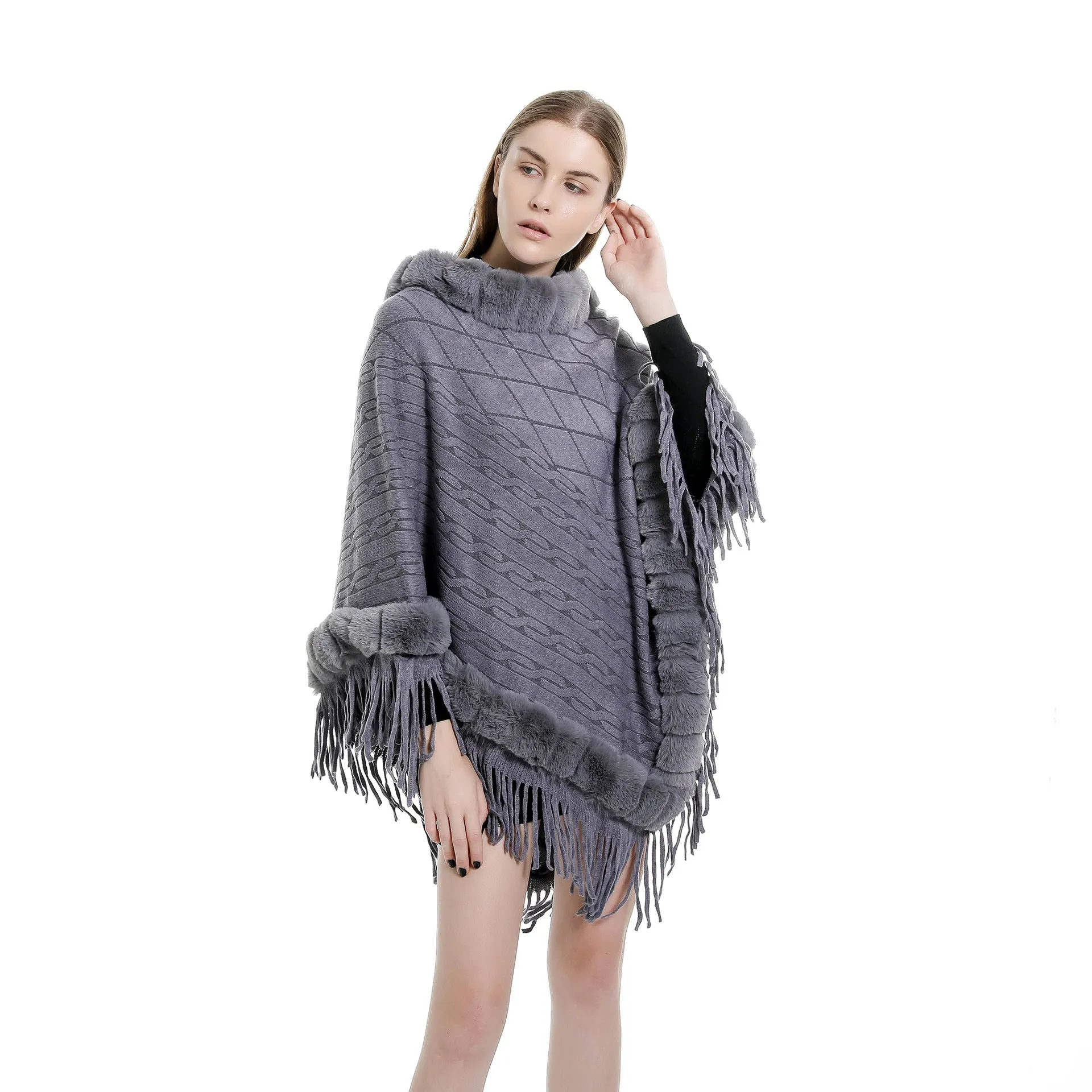 Tassel Hem Fur Collar Pullover Sweater Cloak Shawl Cape