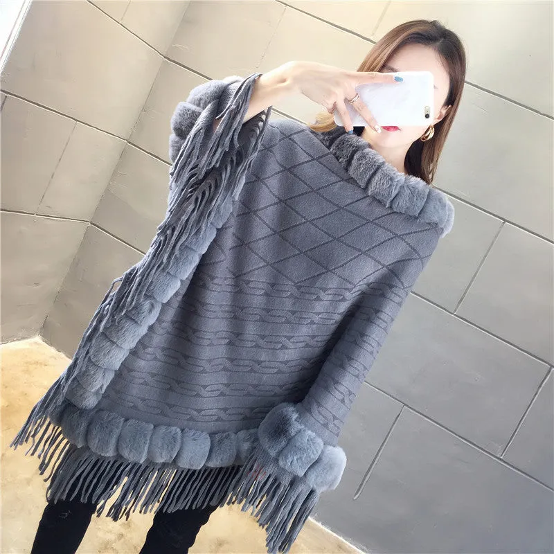 Tassel Hem Fur Collar Pullover Sweater Cloak Shawl Cape