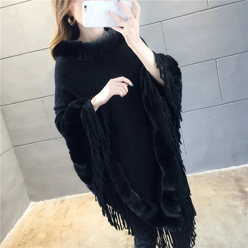 Tassel Hem Fur Collar Pullover Sweater Cloak Shawl Cape