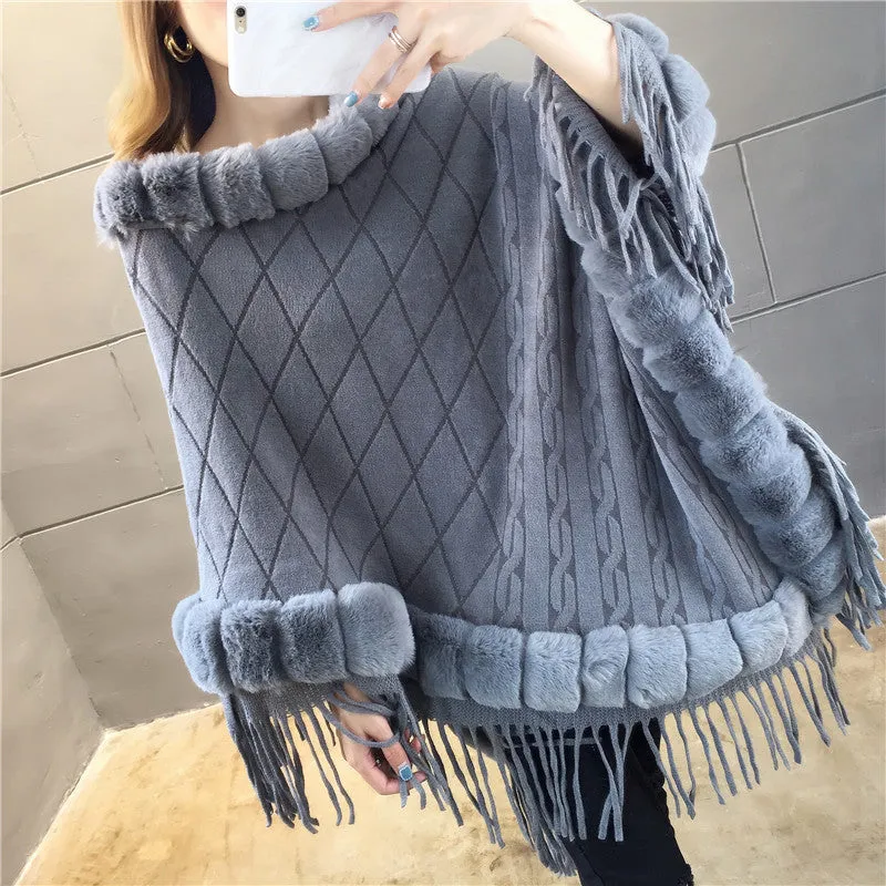 Tassel Hem Fur Collar Pullover Sweater Cloak Shawl Cape