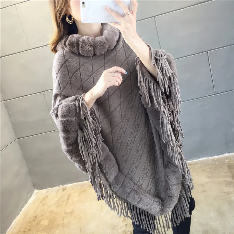 Tassel Hem Fur Collar Pullover Sweater Cloak Shawl Cape