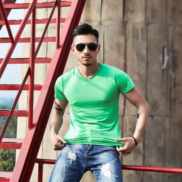 themeisles New Tops Men T Shirt Fitness T-shirts Mens V neck Man T-shirt For Male Tshirts M-4XL Plue Size B0667