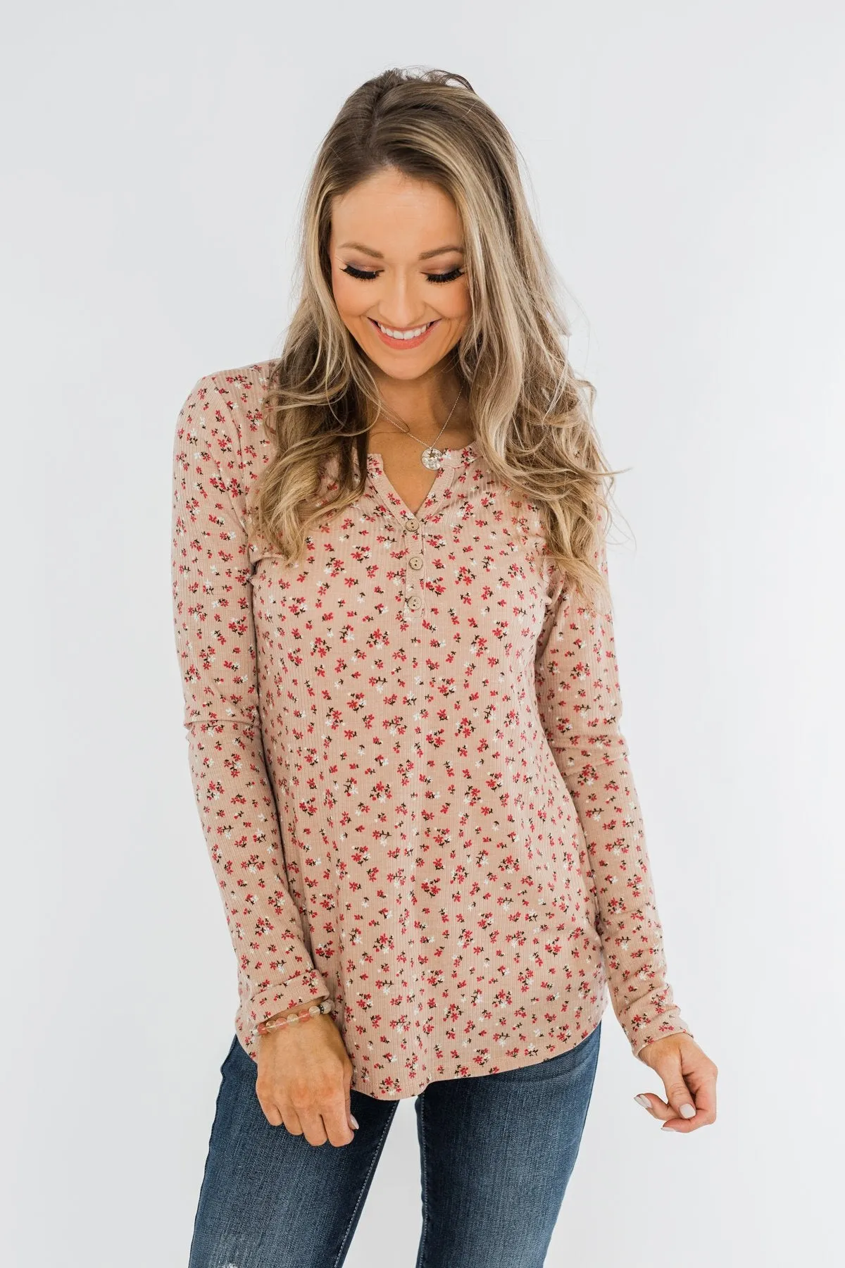Time To Bloom Floral Henley Top- Taupe