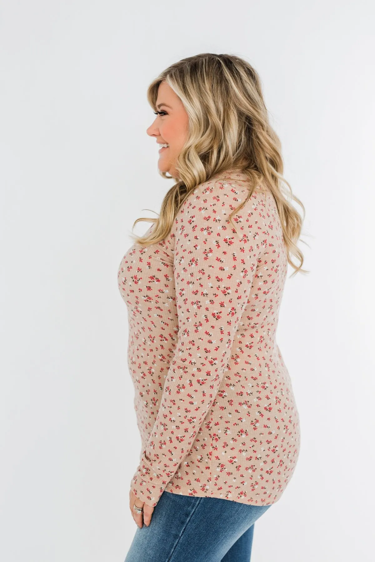 Time To Bloom Floral Henley Top- Taupe