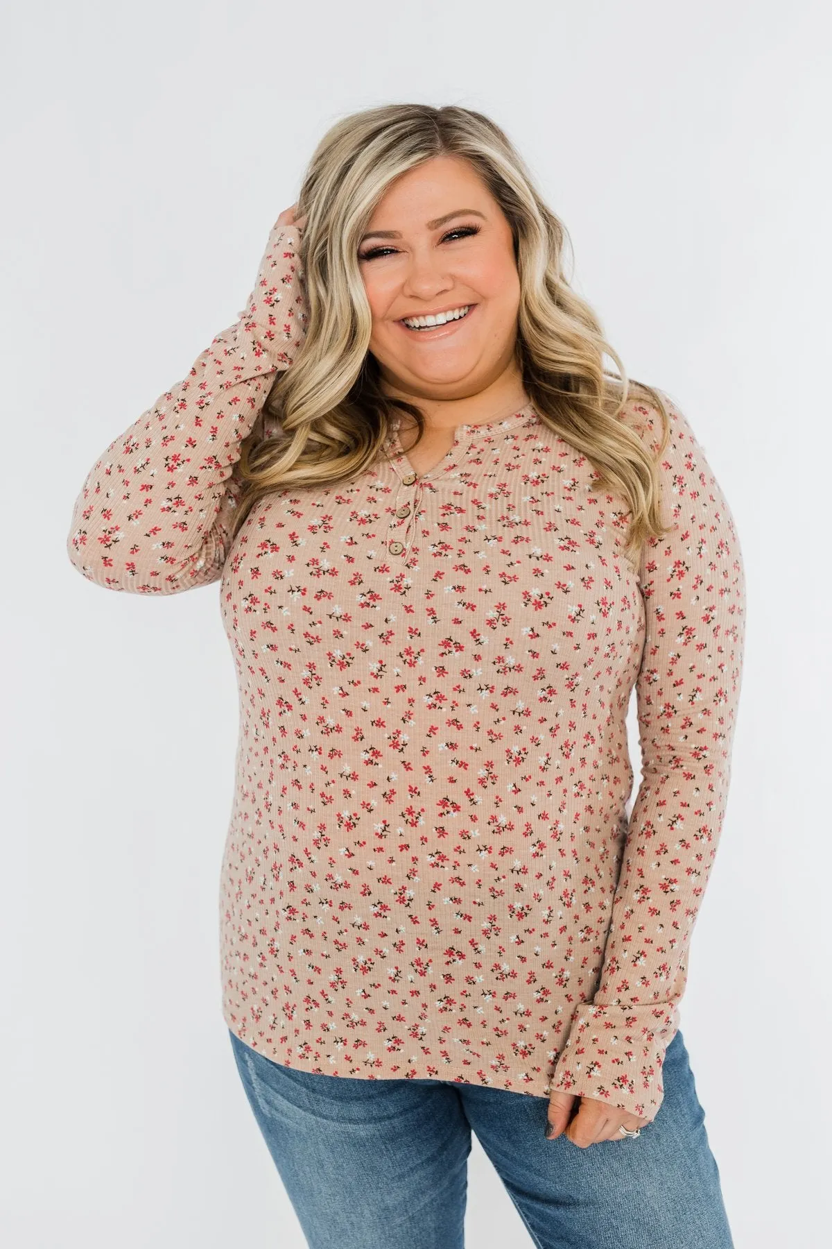 Time To Bloom Floral Henley Top- Taupe