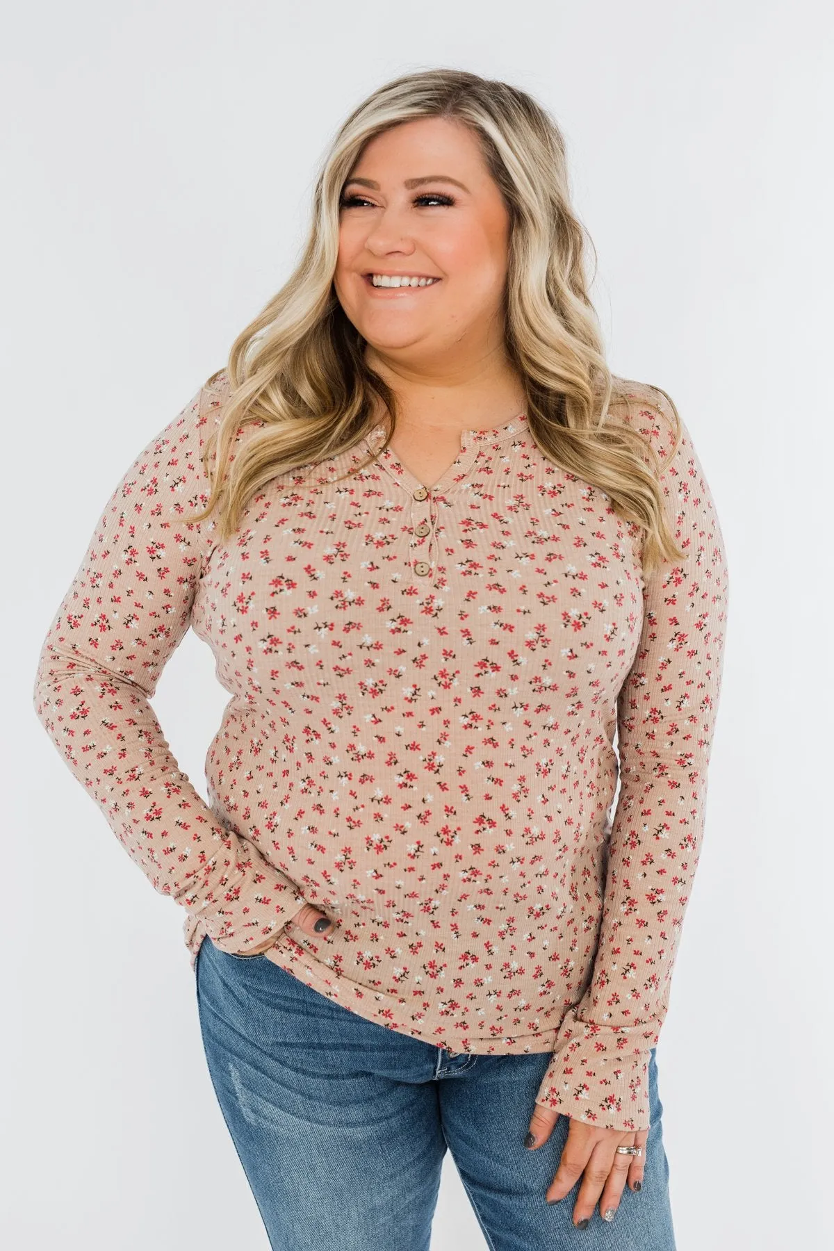 Time To Bloom Floral Henley Top- Taupe