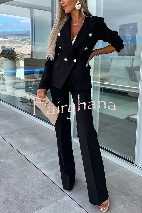 Time To Charm Lapel Button Pocket Long Sleeve Blazer Elastic Waist Pants Suit