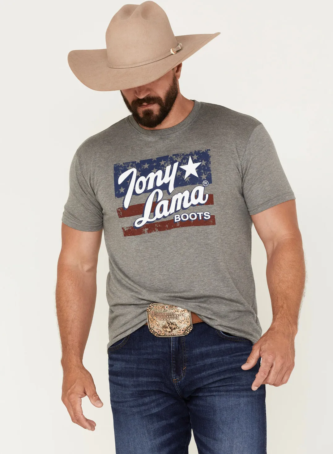 Tony Lama Premium Heather Grey Patriotic Flag Graphic