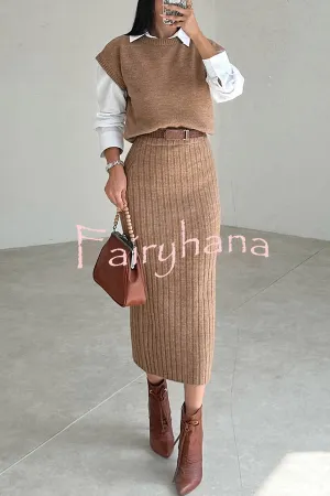 Triko Knit Short Sleeve Sweater and Stretch Ribbed Midi Skirt Set
