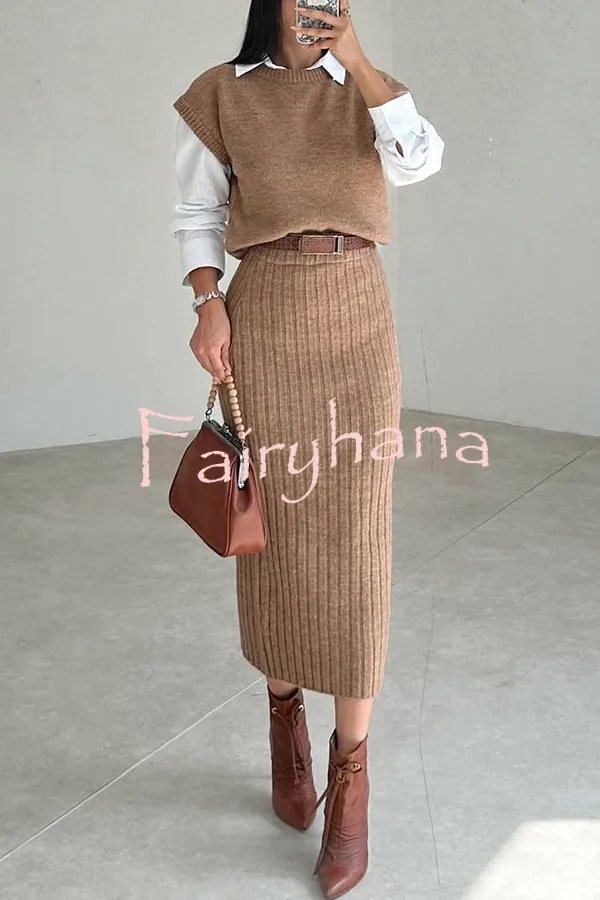 Triko Knit Short Sleeve Sweater and Stretch Ribbed Midi Skirt Set