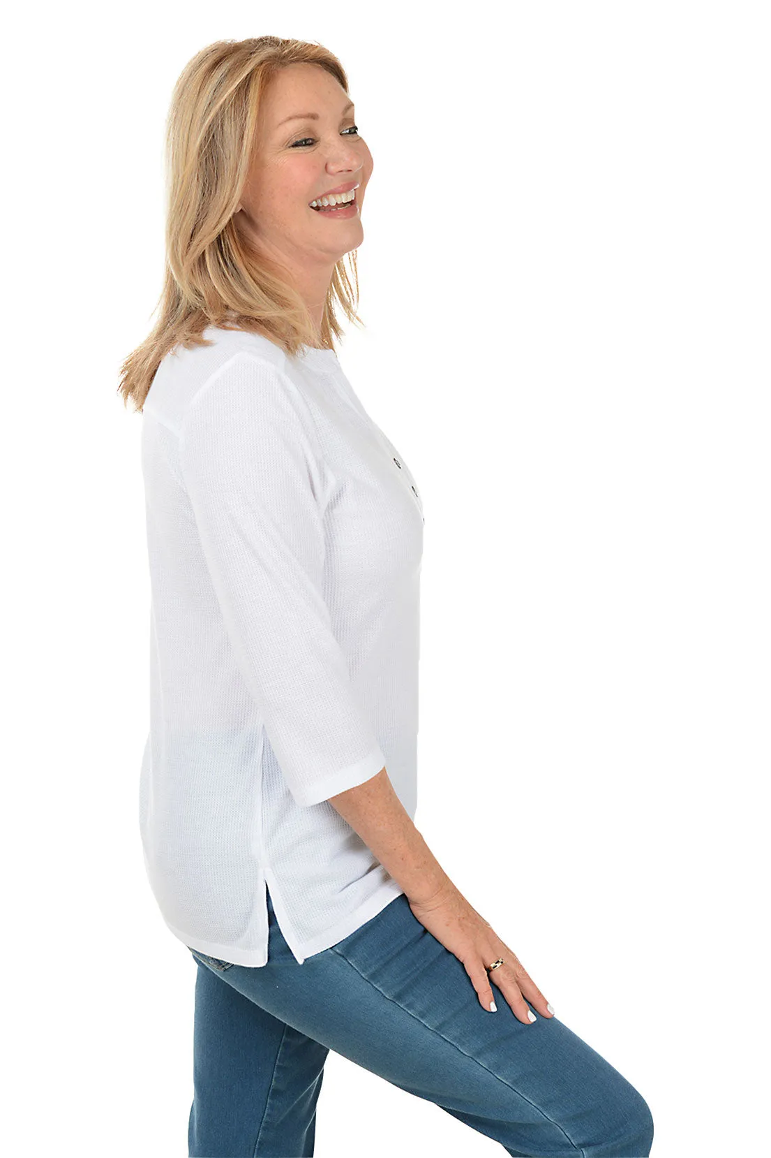 Triple Button Henley Waffle Knit Top