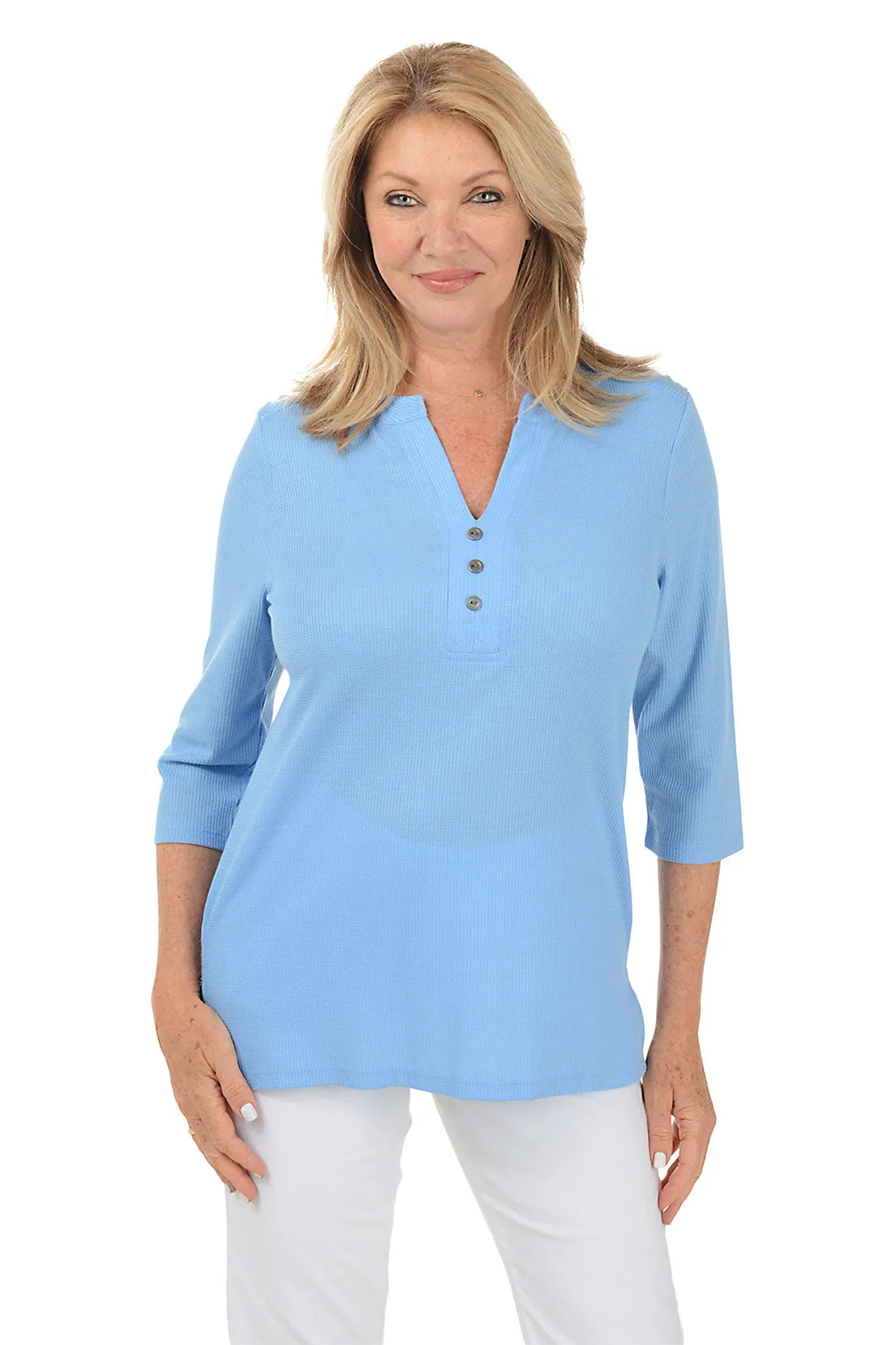 Triple Button Henley Waffle Knit Top