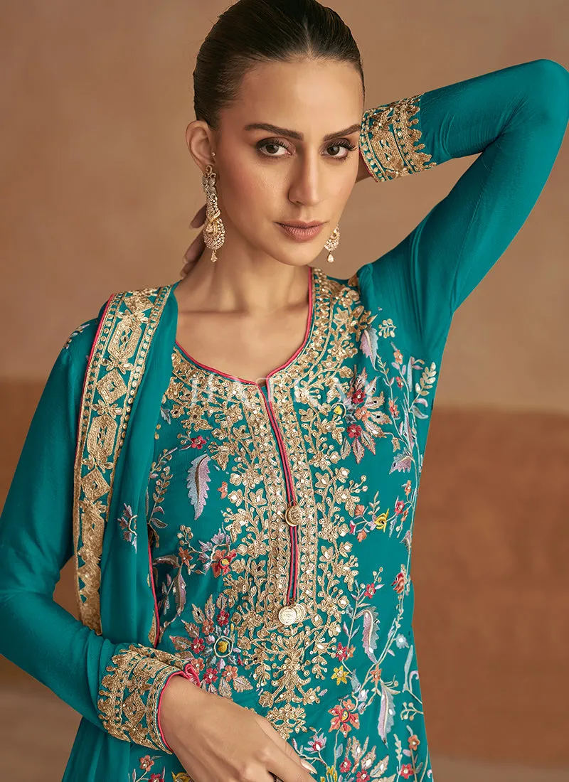 Turquoise Multicoloured Palazzo Suit