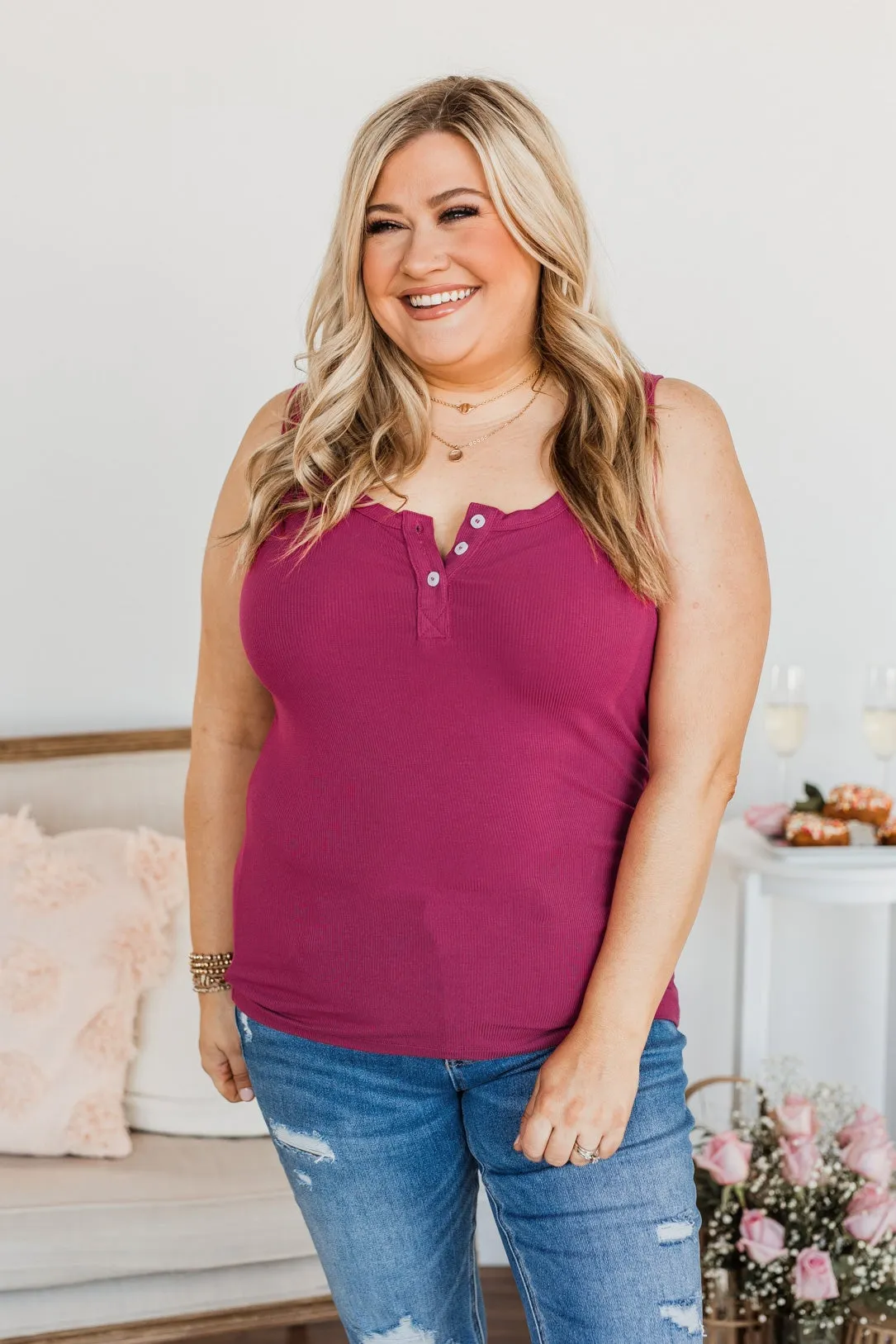 Uplifting Spirits Button Henley Tank Top- Dark Berry