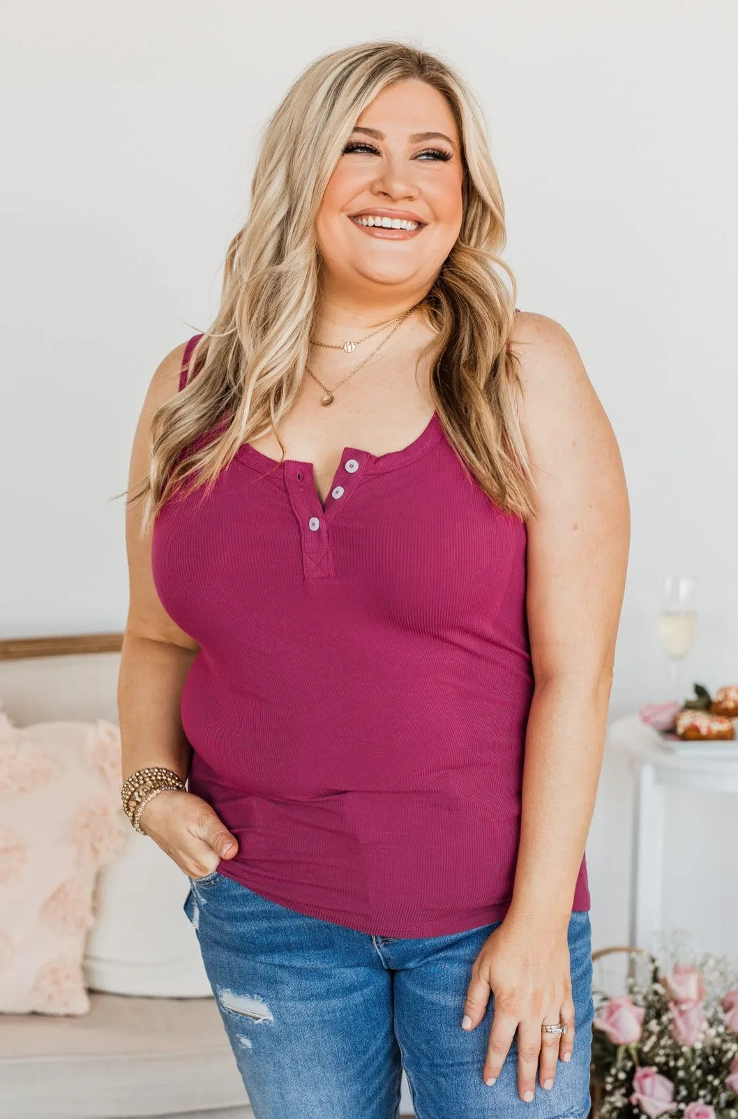 Uplifting Spirits Button Henley Tank Top- Dark Berry