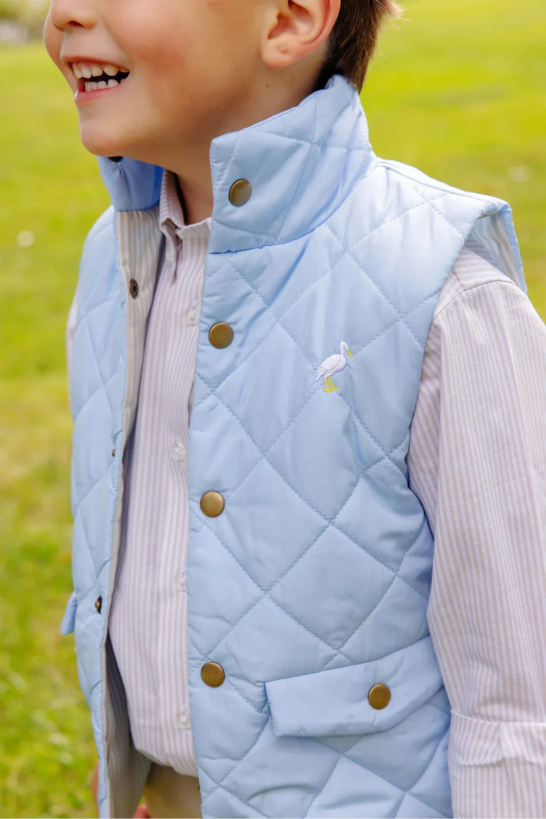 Vaughn Vest, Beale Street Blue with Keeneland Khaki Stripe Lining with Brass Snaps and Multicolor Stork